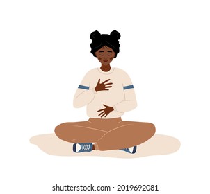 Abdominal breathing. African woman practicing belly breathing for relaxation. Breath awareness yoga exercise. Meditation for body, mind and emotions. Spiritual practice. Cartoon vector illustration.