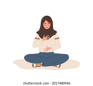 Abdominal Breathing. Arab Woman Practicing Belly Breathing For Relaxation. Breath Awareness Yoga Exercise. Meditation For Body, Mind And Emotions. Spiritual Practice. Flat Cartoon Vector Illustration.