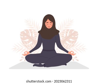 Abdominal Breathing. Arab Woman Practicing Belly Breathing For Relaxation. Breath Awareness Yoga Exercise. Meditation For Body, Mind And Emotions. Spiritual Practice. Flat Cartoon Vector Illustration.