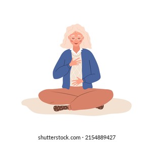 Abdominal breathing. Elderly woman practicing belly breathing for relaxation. Breath awareness yoga exercise. Meditation for body, mind and emotions. Spiritual practice. Cartoon vector illustration.