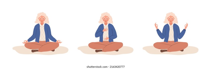 Abdominal breathing. Elderly woman practicing belly breathing for relaxation. Breath awareness yoga exercise. Meditation for body, mind and emotions. Spiritual practice. Cartoon vector illustration.