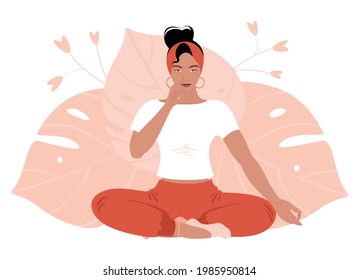 Abdominal Breathing. Lotus position or Padmasana. Young adult woman practice deep breathing. Breath Awareness Exercise. Vector Flat Illustration.