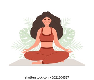Abdominal breathing. Woman practicing belly breathing for good relaxation. Breath awareness yoga exercise. Meditation for body, mind and emotions. Spiritual practice. Flat cartoon vector illustration.