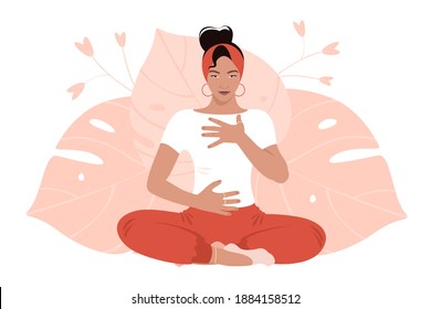 Abdominal Breathing. Young woman practice deep breathing. Breath Awareness Exercise. Vector Flat Illustration.