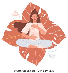 Abdominal Breathing. Young woman practice deep breathing. Breath Awareness Exercise. Vector Flat Illustration.