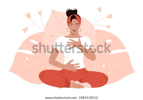 Abdominal Breathing.\
Young woman practice deep breathing. Breath Awareness Exercise.\
Vector Flat\
Illustration.