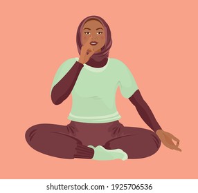 Abdominal Breathing. Young woman wearing burqa or paranja practice deep breathing. Breath Awareness Yoga Exercise. Vector flat cartoon Illustration.