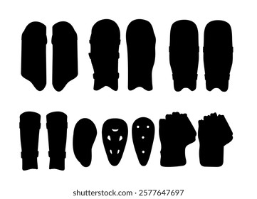 Abdominal Cricket Guard clip art design vector Isolated, Cricket Gloves Silhouette Icon Set, Professional Cricket Gloves Equipment Set. 