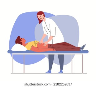 Abdominal diseases. Doctor examines patient, feeling belly. Young man at appointment with surgeon or gastroenterologist. Vector illustration flat cartoon.