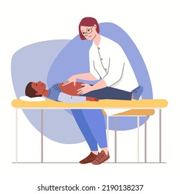 Enfermedades abdominales. El pediatra examina al paciente, sintiendo el cuerpo. Niño en cita con cirujano o gastroenterólogo. Ilustración vectorial caricatura plana fondo blanco aislado.