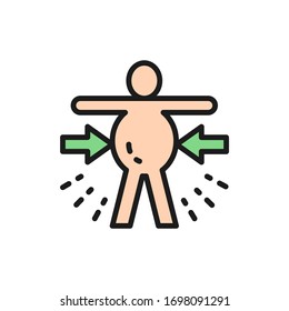 Abdominal distention, obesity, stomachache flat color line icon.