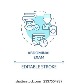 Icono del concepto de turquesa de examen abdominal. Bebé. cita con el médico. Atención de salud de recién nacidos. Ilustración de línea delgada de idea abstracta de cuidado infantil. Dibujo de contorno aislado. Trazo editable