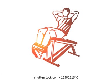 Abdominal, exercises, body, building, workout concept. Hand drawn man doing abdominal exercises in gym concept sketch. Isolated vector illustration.