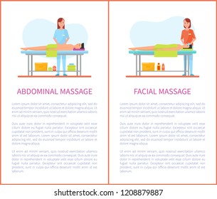 Abdominal and facial medical massage session cartoon posters set with text. Masseur girl in uniform and patient man lying on table relaxed and pleased
