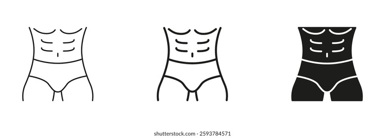 Abdominal Man Muscles Line and Silhouette Icon Set. Strength and Bodybuilding Outline and Solid Symbol. Physical Fitness And Weight Management. Editable Stroke. Isolated Vector Illustration.