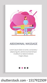 Abdominal massage performed by masseuse vector, lady wearing special uniform caring for client, person on table relaxing in spa salon treatment. Website or app slider template, landing page flat style
