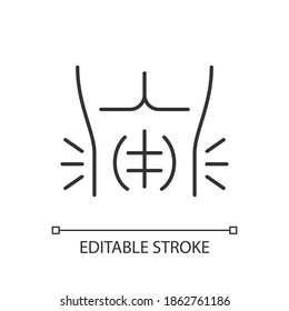 Abdominal muscle strain linear icon. Full rupture. Mild stretch. Strengthening exercises. Thin line customizable illustration. Contour symbol. Vector isolated outline drawing. Editable stroke