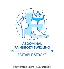 Abdominal pain and body swelling concept icon. Liver disease symptom idea thin line illustration. Swollen belly. Dull, throbbing sensation. Vector isolated outline RGB color drawing. Editable stroke