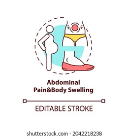 Abdominal pain and body swelling concept icon. Liver disease symptom idea thin line illustration. Swollen belly. Pain in legs and ankles. Vector isolated outline RGB color drawing. Editable stroke