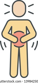 Abdominal pain color icon. Stomach ache, spasm. Period, menstrual cramps. Food poisoning, allergy symptom. Digestive system problem. Gastritis, pancreatitis disease. Isolated vector illustration