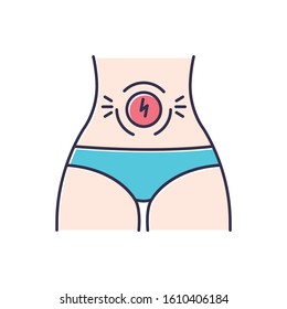 Abdominal Pain Color Icon. Stomach Ache. Period Cramp, Menstruation Spasm. Female Belly Discomfort. Predmenstrual Syndrome Symptom. Abdomen Area Suffering. Isolated Vector Illustration