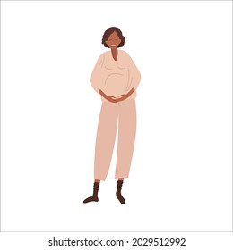 Abdominal Pain During Pregnancy. Pregnant Woman Holding Her Belly, Risk Of Preterm Birth. African American Woman Suffers From Vomiting, Feel Bad. Flat Vector Illustration. Pregnancy Symptoms Concept