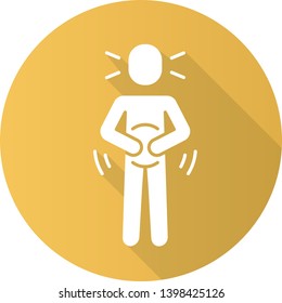 Abdominal pain flat design long shadow glyph icon. Stomachache, spasm. Chronic gastritis, pancreatitis. Period, menstrual cramps. Food poisoning, allergy symptom. Vector silhouette illustration