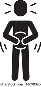 Abdominal pain glyph icon. Digestive system problem. Food poisoning, allergy symptom. Silhouette symbol. Negative space. Period spasm, menstrual cramps. Vector isolated illustration