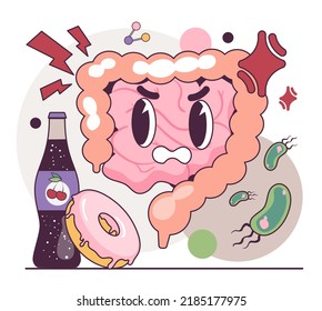 Abdominal pain. Human intestines with gastritis. Junk fast food causes bloating, indigestion and stomachache. Sick digestion organ with donut and soda. Flat vector illustration