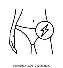 Abdominal pain, line icon. A female menstruation symbol - lower body in a underwear and a lightning pain mark. Linear illustration, editable stroke.