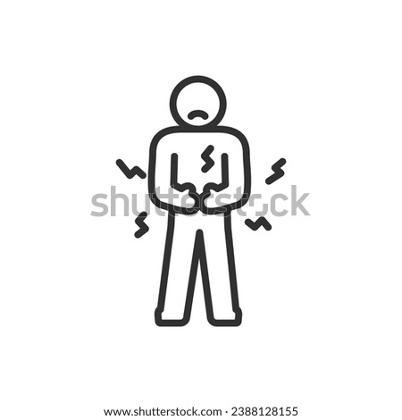 Abdominal pain, linear icon, Sad man holding his stomach. Line with editable stroke