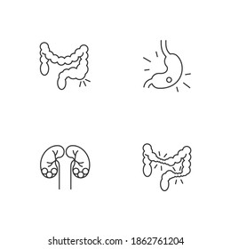 Abdominal pain linear icons set. Constipation. Gastritis. Kidney stones. Irritable bowel syndrome. Customizable thin line contour symbols. Isolated vector outline illustrations. Editable stroke