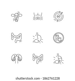 Abdominal pain linear icons set. Endometriosis. Abdominal muscle strain. Constipation. Gastritis. Customizable thin line contour symbols. Isolated vector outline illustrations. Editable stroke