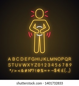 Abdominal pain neon light icon. Food poisoning, allergy symptom. Glowing sign with alphabet, numbers and symbols. Stomach ache, spasm. Gastritis, pancreatitis. Vector isolated illustration