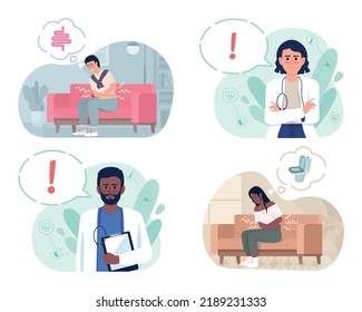 Abdominal pain treatment 2D vector isolated illustrations set. Flat characters on cartoon background. Colourful editable scenes for mobile, website, presentation collection. Pacifico Regular font used