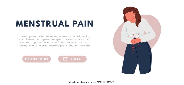 Abdominal pain. Woman with strong PMS pain during periods. Flat vector illustration