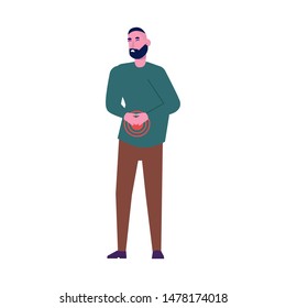 Abdominal pain. Young man feel pain in the stomach. Flat style vector illustration. 