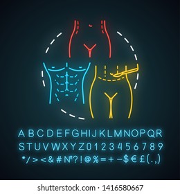 Abdominoplasty neon light icon. Aesthetic cosmetic surgery. Tummy tuck operation. Lower body lift. Glowing sign with alphabet, numbers and symbols. Vector isolated illustration