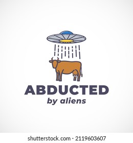 Abducted by Aliens Abstract Vector Sign, Symbol, Logo Template. Outline UFO and Cow Silhouette with Modern Typography. Science Fiction Fantastic Character Emblem. Isolated