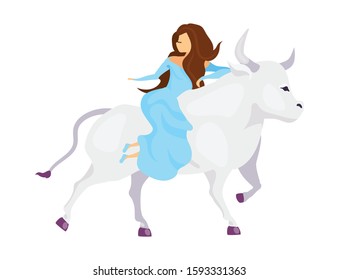 Abduction of Europa flat vector illustration. Fantastical beast kidnap princess. Woman in dress ride creature. Greek mythology. Girl on bull isolated cartoon character on white background