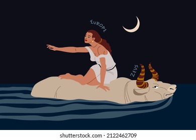 The abduction of Europe. A pretty woman floating on the back of a white bull. Ancient Greek myth. Color vector illustration in cartoon and flat design.