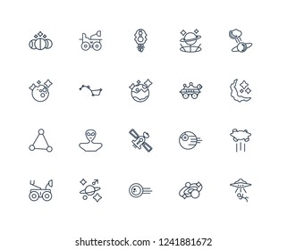 Abduction, Galaxy, Comet, Astrology, Mars rover, Meteorite, Space robot, Satellite, Triangulam australe, Big dipper, Liftoff outline vector icons from 20 set