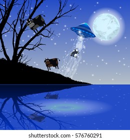 Abduction UFO flying cow. Illustration. Use wallpaper for, the website, smart phone, tablet PC, printing etc