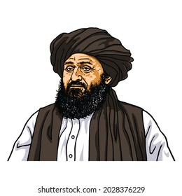 Abdul Ghani Baradar, The Leader Of The Taliban Vector Cartoon Caricature Drawing Illustration. Kabul, Afghanistan, August 21, 2021