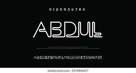ABDUL Fonte abstrata moderna do alfabeto digital. Tipografia de tecnologia mínima, fonte futurista da moda do esporte urbano criativo e com números. ilustração vetorial