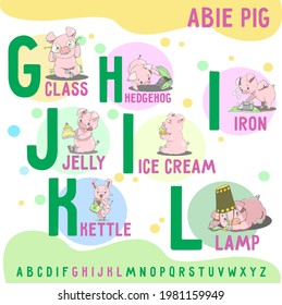 ABee Pig english alphabet, letters G -I. Funny alphabet with cartoon pig for baby, for for education, for card, baby clothes. Vector illustration for kids learning English vocabulary.