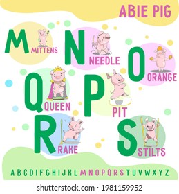 Alfabeto inglés ABee Pig, letras M -S. Alfabeto gracioso con cerdo de dibujos animados para el bebé, para la educación, para tarjetas, ropa para bebés. Ilustración vectorial para niños que aprenden vocabulario inglés.