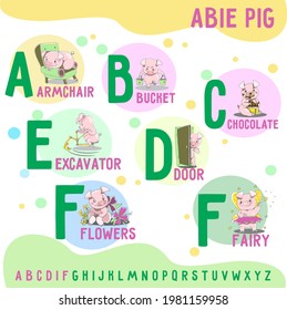 ABee Pig english alphabet, letters A -F. Funny alphabet with cartoon pig for baby, for for education, for card, baby clothes. Vector illustration for kids learning English vocabulary.
