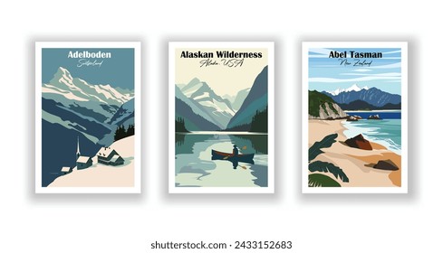 Abel Tasman, New Zealand. Adelboden, Switzerland. Alaskan Wilderness, Alaska, USA - Set of 3 Vintage Travel Posters. Vector illustration. High Quality Prints