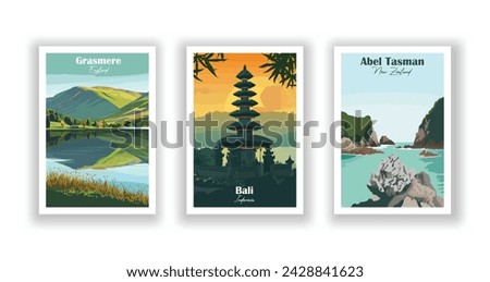 Abel Tasman, New Zealand. Bali, Indonesia. Grasmere, England - Vintage travel poster. Vector illustration. High quality prints